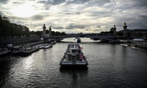 One of the boats rehearsing for the Paris Olympics opening ceremony.