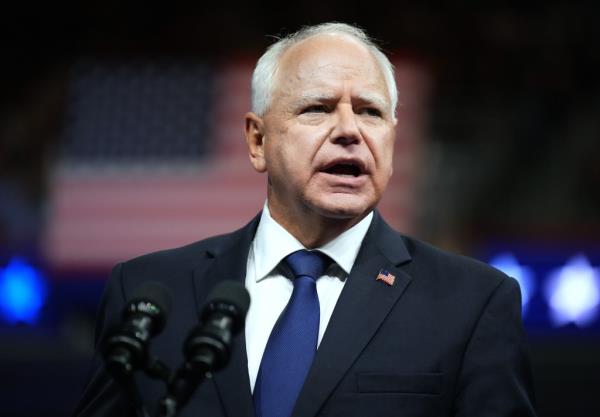 Democratic vice presidential candidate Minnesota Gov. Tim Walz speaks during a campaign rally with Democratic presidential candidate, U.S. Vice President Kamala Harris at Girard College on August 6, 2024 in Philadelphia, Pennsylvania