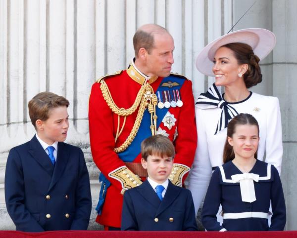 Prince George, Prince William, Prince Louis, Princess Charlotte, and Catherine, Princess of Wales, watching an RAF flypast from the balcony of Buckingham Palace during the Trooping the Colour ceremony in 2024