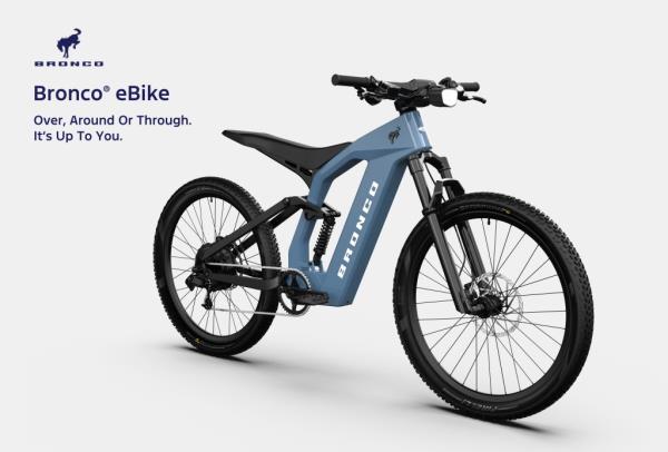 A me<em></em>tallic gray Bro<em></em>nco e-bike inspired by Ford's ico<em></em>nic Bro<em></em>nco SUV, designed for handling rough terrain.