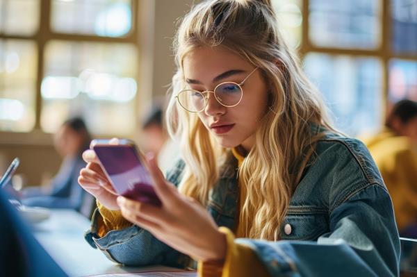 Young blo<em></em>nde woman, resembling Lily Donaldson, using smartphone in a university classroom, examining potential AI regulations