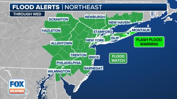 This graphic shows the flood a<em></em>lerts in effect through Wednesday, Aug. 7, 2024.
