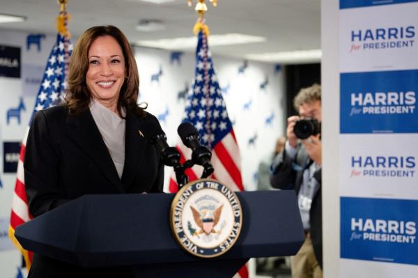 Kamala Harris speaks at her Presidential Campaign headquarters in Wilmington, DE, U.S.,  July 22, 2024.