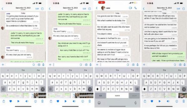 Screenshots of messages on a phone indicating claimed harassment, l<em></em>inked to a legal case involving Christine O'Reilly and her supervisor.