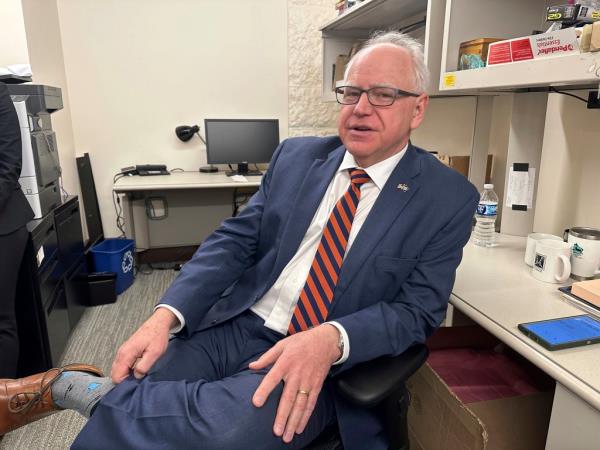 Tim Walz in the press room at the State Capitol, on March 13, 2024.