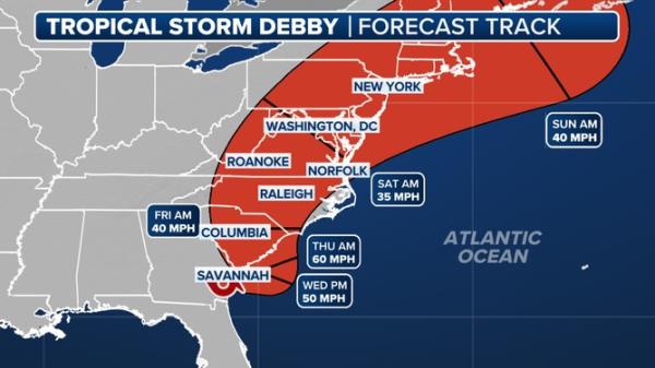 The forecast cone for Tropical Storm Debby.