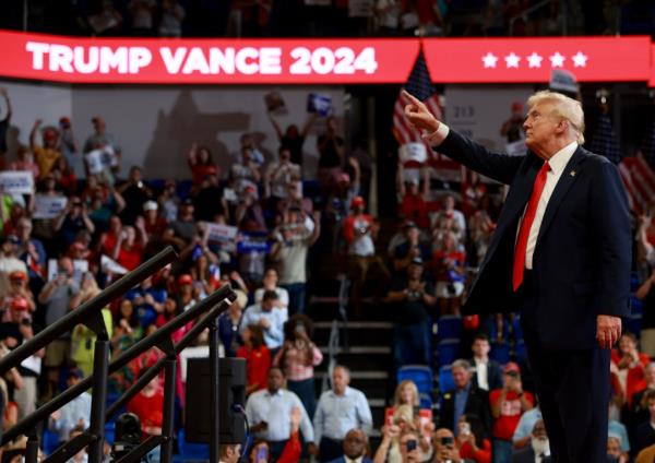 Republican presidential nominee, former U.S. President Do<em></em>nald Trump speaks during a campaign rally at the Georgia State University Co<em></em>nvocation Center on August 03, 2024 in Atlanta, Georgia. 