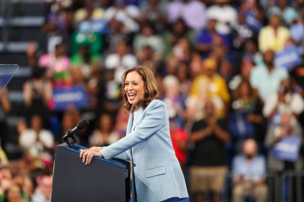 Vice President Kamala Harris speaks during a presidential campaign rally on Tuesday, July 30, 2024 at the Georgia State Co<em></em>nvocation Center in Atlanta, Ga.