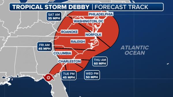 The forecast cone for Tropical Storm Debby.
