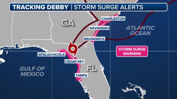 Storm surge a<em></em>lerts have been issued for Tropical Storm Debby.
