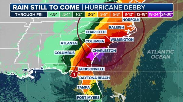 The rainfall forecast for Tropical Storm Debby.