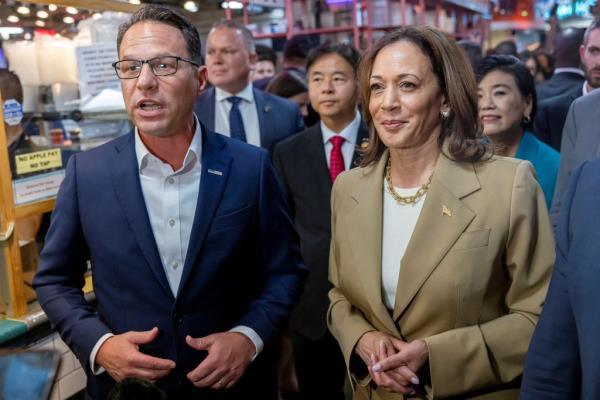 Vice President Kamala Harris and Pennsylvania Governor Josh Shapiro visit the Reading Terminal Market in Philadelphia, Pennsylvania.