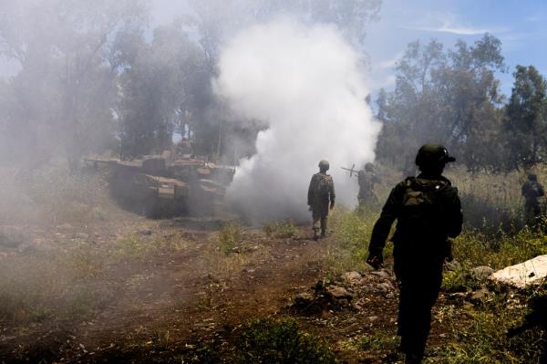 Israeli reserve combat soldiers of the 134th battalion take part at a training drill on May 8, 2024 in Golan Heights.