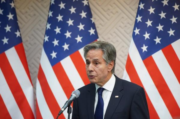 U.S. Secretary of State Antony Bl<em></em>inken speaks during a press confrence.