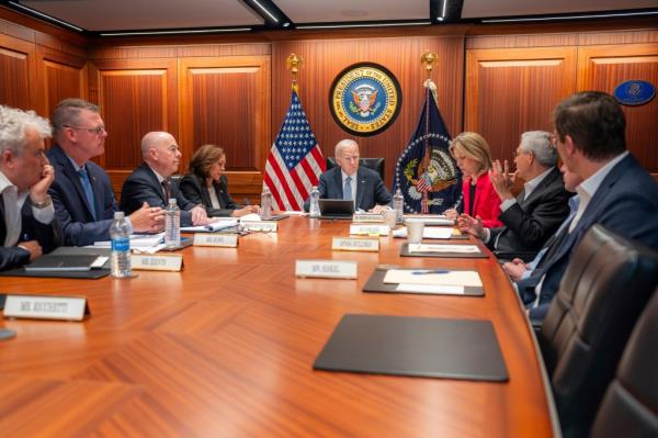 President Joe Biden and Vice President Kamala Harris receiving a briefing in the White House Situation Room with natio<em></em>nal security advisers and members of law enforcement on an apparent assassination attempt on former President Do<em></em>nald Trump