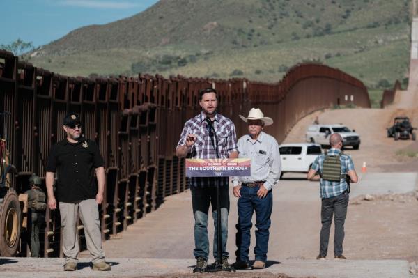 JD Vance speaks from a podium in Cochise County, Arizona, after receiving a tour of the southern border Thursday.