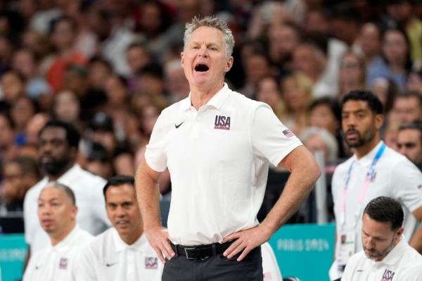 United States head coach Steve Kerr yells to his team during a men's basketball game against Puerto Rico at the 2024 Summer Olympics, Saturday, Aug. 3, 2024, in Villeneuve-d'Ascq, France. 