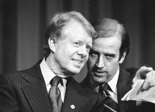 Then President Jimmy Carter and then-Sen. Joe Biden speak at a fundraising reception on Wilmington Del. on Feb. 20. 1978.