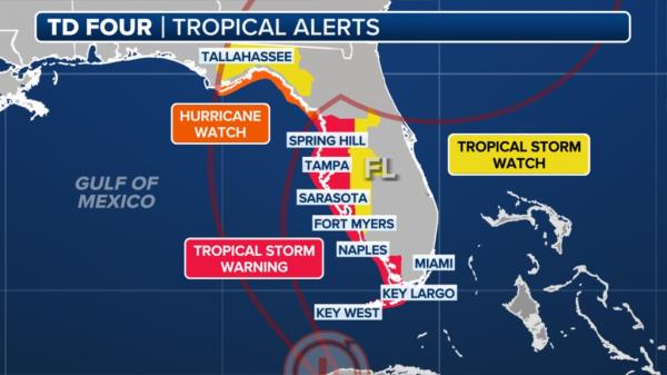 a<em></em>lerts have been issued along the Florida Gulf Coast on Aug. 3, 2024, as Tropical Depression 4 strengthens.