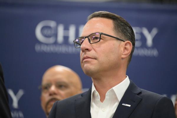 Pennsylvania Governor Josh Shapiro speaking at Cheyney University a<em></em>bout investments in Pennsylvania's Historically Black Universities