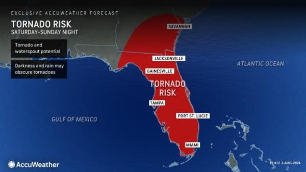 Map of Florida with a highlighted area indicating an AccuWeather forecast of hurricane landfall and possible widespread flooding