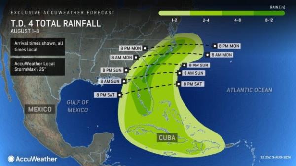 A map showing AccuWeather's forecast of a hurricane making landfall in Florida with potential for widespread flooding in Southeast U.S. The map includes lines labeled for the times through 8 p.m. Mo<em></em>nday when the storm is expected to reach various points up the coast.