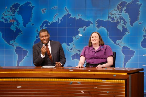 Michael Che and Molly Kearney during Weekend Update on Saturday, April 15, 2023.