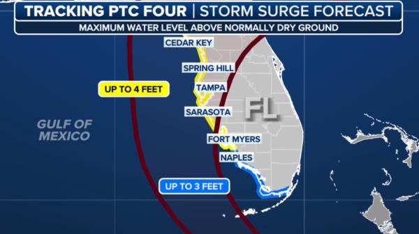 A storm development map showing a tropical wave predicted to affect Florida on Saturday