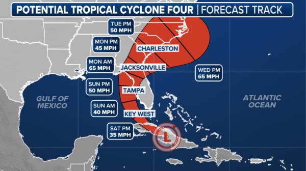 A map of a tropical hurricane indicating a Flood Watch in effect for all of South Florida, including Miami.