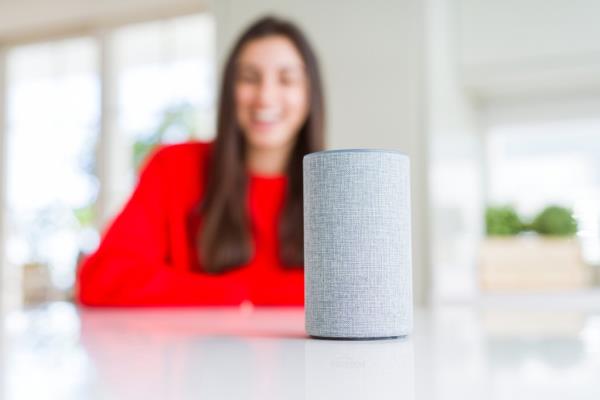 A young woman is seen using a home intelligent device utilizing AI.