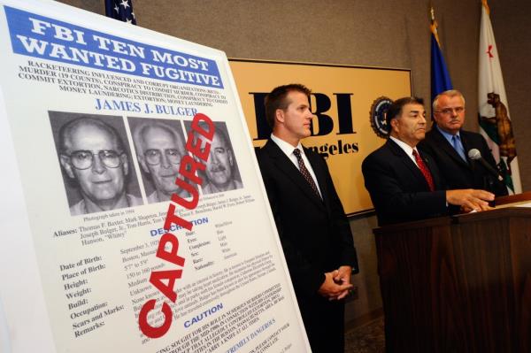 a news co<em></em>nference to discuss the arrest of Boston crime boss James "Whitey'' Bulger and his companion, Catherine Greig at the Los Angeles Federal Building on June 23, 2011 in Los Angeles, California.