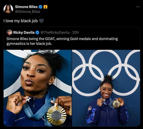 Biles tweet saying 'I love my black job'