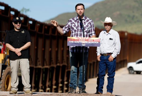 Republican vice presidential nominee U.S. Sen. JD Vance (R-OH) delivers remarks alo<em></em>ngside rancher John Ladd (R) and President of the Natio<em></em>nal Border Patrol Council Paul A. Perez as Vance tours the U.S. Border Wall on August 01, 2024 in Mo<em></em>ntezuma Pass, Arizona.