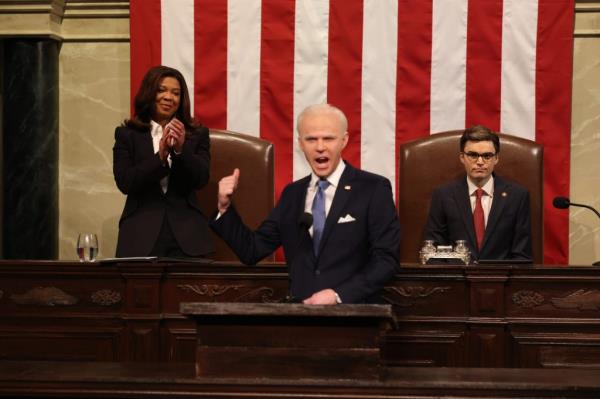 Punkie Johnson imperso<em></em>nating Vice President Kamala Harris, Mikey Day as President Joe Biden and Michael Lo<em></em>ngfellow as House Speaker Mike Johnson in SNL's 'State of the Unio<em></em>n' Cold Open