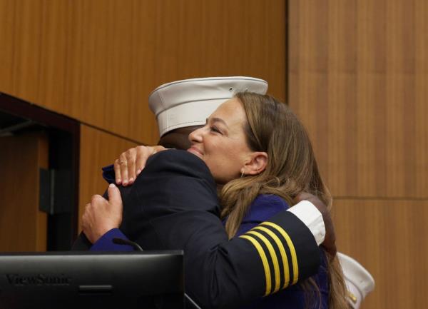 Chief of EMS Operations Michael Fields hugs FDNY Commissio<em></em>ner Laura Kavanagh.