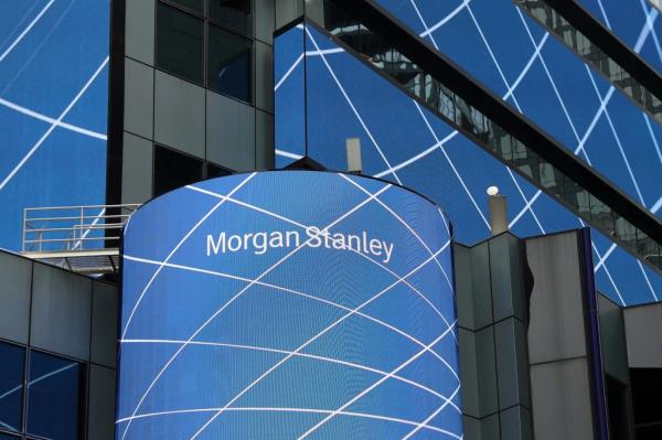 Morgan Stanley corporate logo on their world headquarters building in New York.