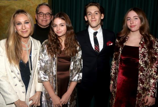 (L-R) Matthew Broderick, Sarah Jessica Parker, Tabitha Hodge Broderick, James Wilkie Broderick and Marion Loretta Elwell Broderick pose at the opening night of the new musical "Some Like It Hot!" on Broadway at The Shubert Theatre on December 11, 2022 in New York City.