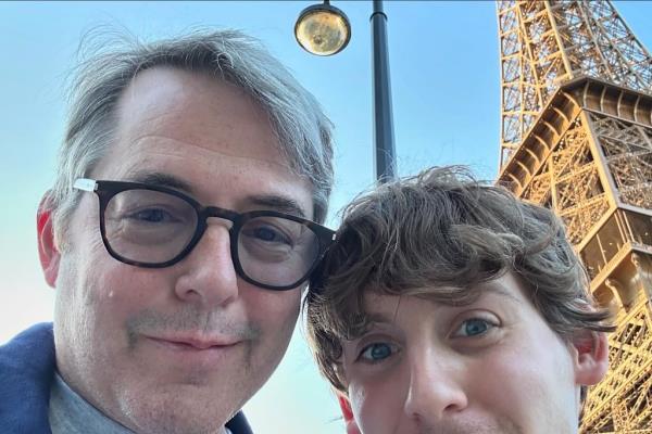 James Wilkie Broderick, 21, and dad Matthew Broderick, 62, pose for a selfie below the Eiffel Tower in Paris during the 2024 Olympics.