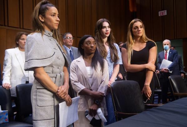 U.S. Olympic gymnasts Aly Raisman, Simone Biles, McKayla Maroney, and Maggie Nichols leaving after testifying at Senate Judiciary hearing on Larry Nassar investigation.