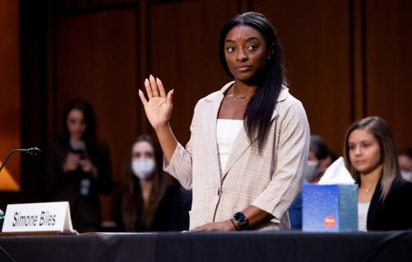 Simone Biles, U.S. Olympic gymnast, sworn in at a Senate Judiciary hearing on the FBI's handling of the Larry Nassar investigation, Washington D.C., September 15, 2021