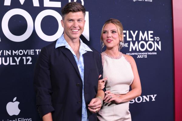 Colin Jost and Scarlett Johansson at the "Fly Me to the Moon" premiere on July 8, 2024