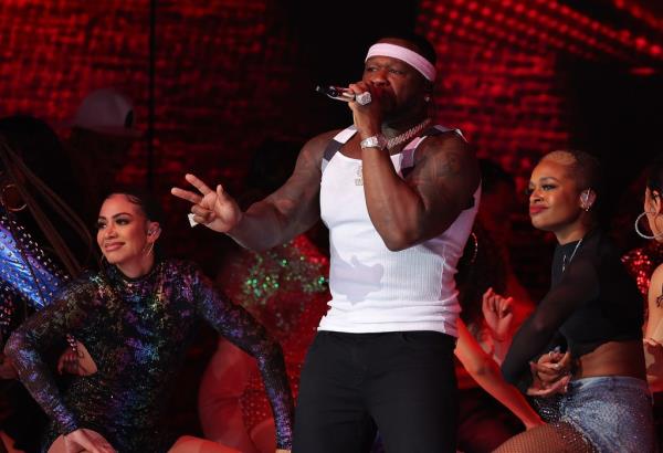 50 Cent performing at the Super Bowl LVI Halftime Show