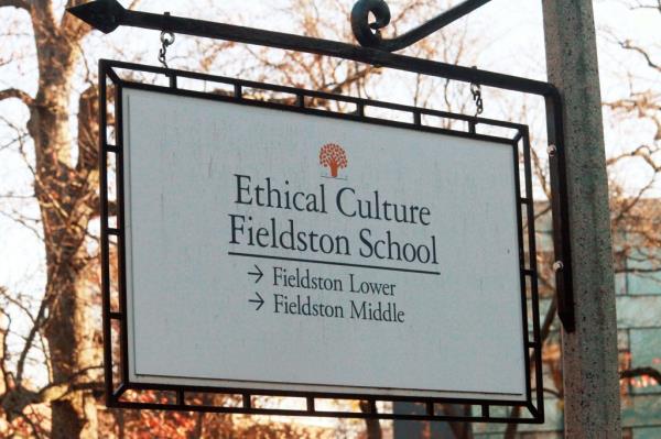 Exterior view of Fieldston School at 901 Fieldston Rd in Bronx, NY, with signage posted