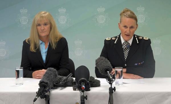 Deputy Chief Crown Prosecutor Ursula Doyle, left, and Merseyside Police Chief Co<em></em>nstable Serena Kennedy announce that a 17-year-old boy was charged with the murders of three girls at a Taylor Swift-themed party on Aug. 1, 2024.