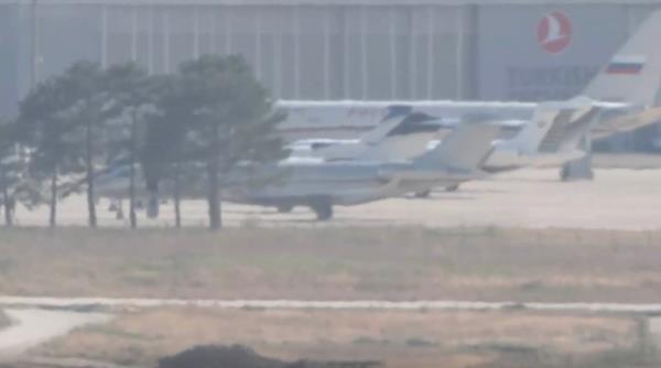 A plane believed to be carrying Evan Gerskovich sits at Ankara airport in Turkey.