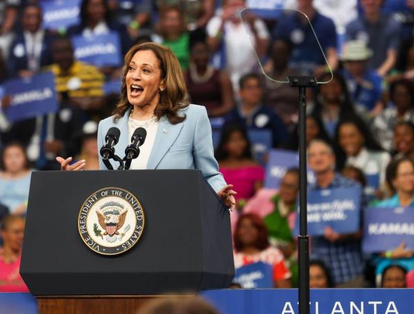 Vice President Kamala Harris addressed the crowds during a rally in Atlanta Tuesday night.