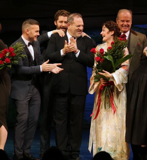 Composer Gary Barlow, actor Matthew Morrison, producer Harvey Weinstein, actress Laura Michelle Kelly and actor Kelsey Grammer taking a bow on stage at the opening night of 'Finding Neverland' in New York City