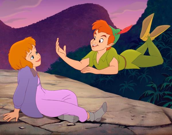 Cartoon of Peter Pan and a girl sitting on a rock in 'Return to Neverland'