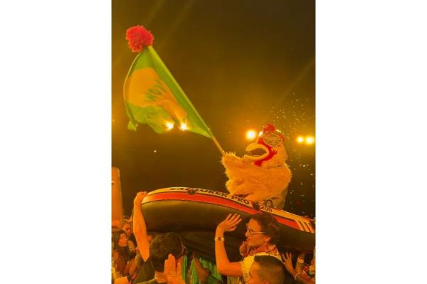 A person in a chicken costume holding an Elrow flag.