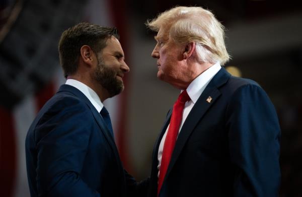 Republican vice presidential nominee U.S. Sen. J.D. Vance (R-OH) introduces U.S. Republican Presidential nominee former President Do<em></em>nald Trump during a rally.